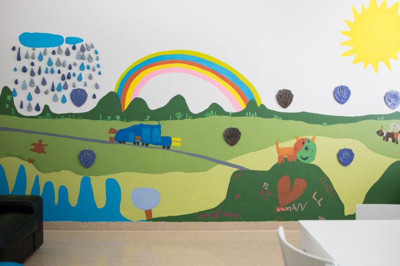 Kuvassa on lasten tekemä muraali. Muraalissa on iloisen värinen maisema, jossa eläimiä, mielikuvituksellinen kulkuväline ja lasten nimet alareunassa. Maisemassa näkyy myös aurinko, sateenkaari ja sadepilvi josta tulee pisaroita.