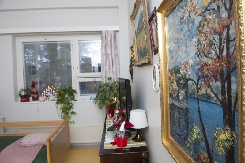 Kuvan huoneessa on seinällä koristeellisesti kehystettyjä tauluja. TV-tasolla on televisio ja jouluisia koriste-esineitä. Ikkunalla on vaalean violetti verho ja ikkunalaudalla viherkasveja sekä kynttelikkö.