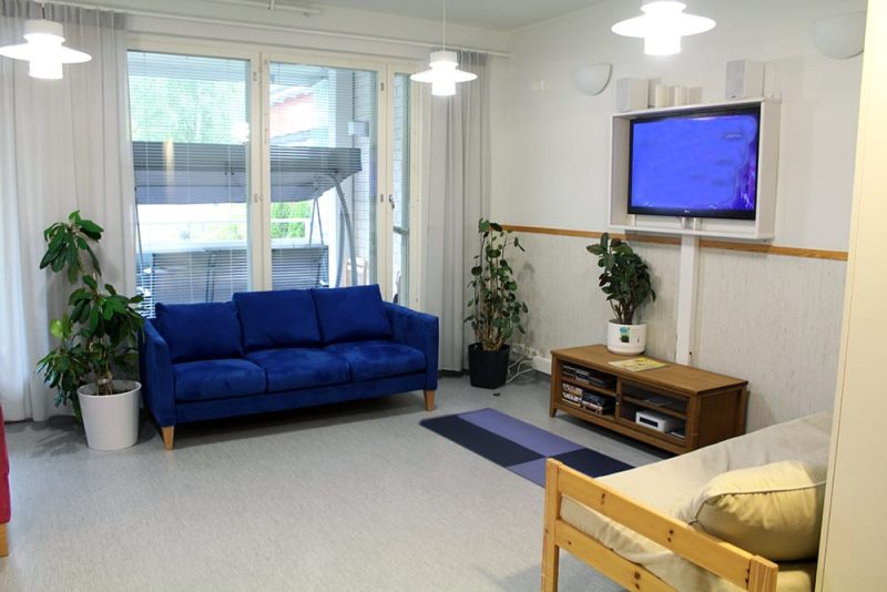 Koukkusaaren olohuoneessa on kaksi sohvaa, tv-taso ja televisio. Huoneessa on kolme viherkasvia ja ikkunat terassille päin.