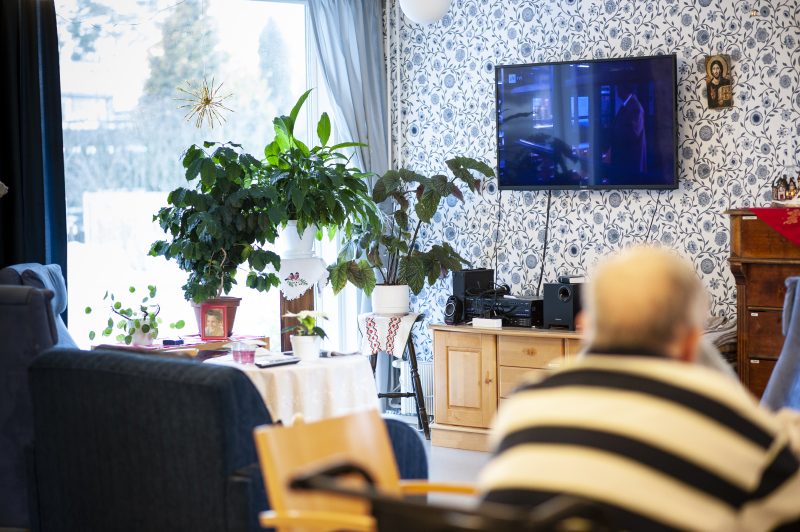 Kyläkallion olohuonessa on televisio, jota voi katsella sohvalta tai nojatuolista. Ikkunan edessä on viherkasveja.