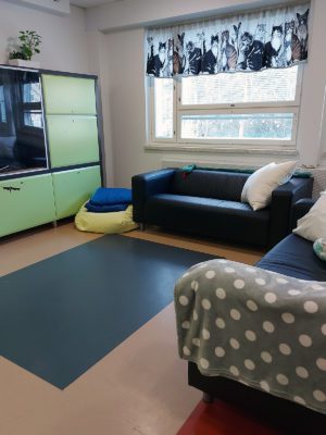 Sisäkuva toimipisteestä. Kuvassa on sohvanurkkaus ja vihreä lipasto. Ikkunassa on verhot joissa on eläinten kuvia.
