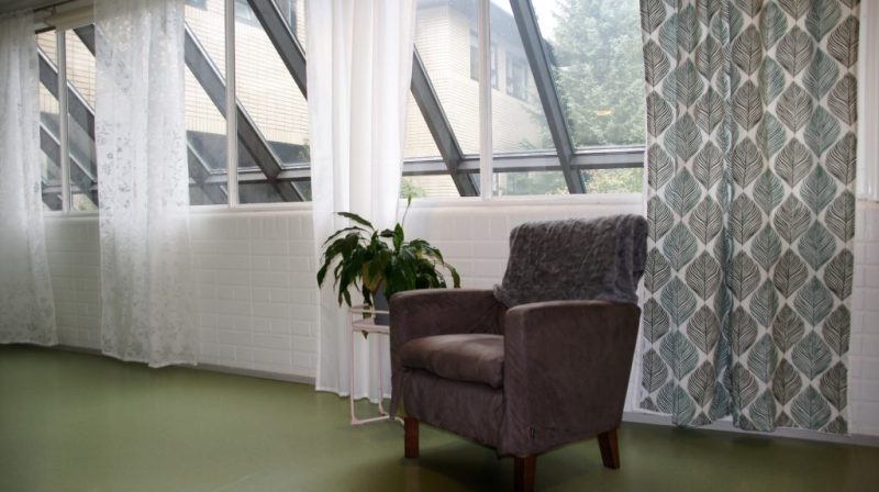 Kuvassa nojatuoli, jonka vieressä pikkupöydällä viherkasvi. Ikkunoilla on valkoiset valoverhot.