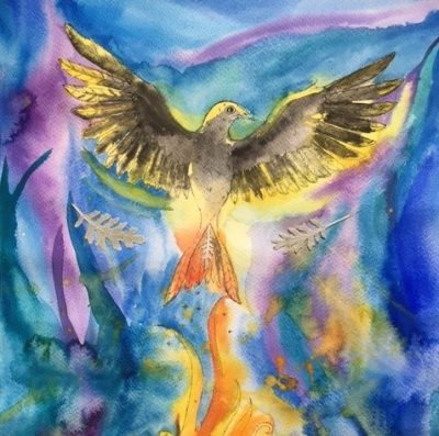 Monivärinen maalaus, jossa lintu nousee lentoon tulen yläpuolelle.
