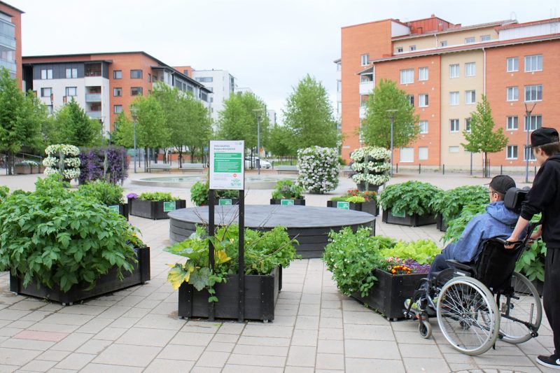 Toimipisteen ulkopuolella olevaa oleskelualuetta, jossa on vehreitä istutuksia ja tilaa istumiselle ja oleilulle.