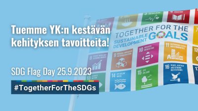 YK: kestävän kehityksen tavoitteiden symboleja ja teksti Tuemme YK:n kestävän kehityksen tavoitteita.