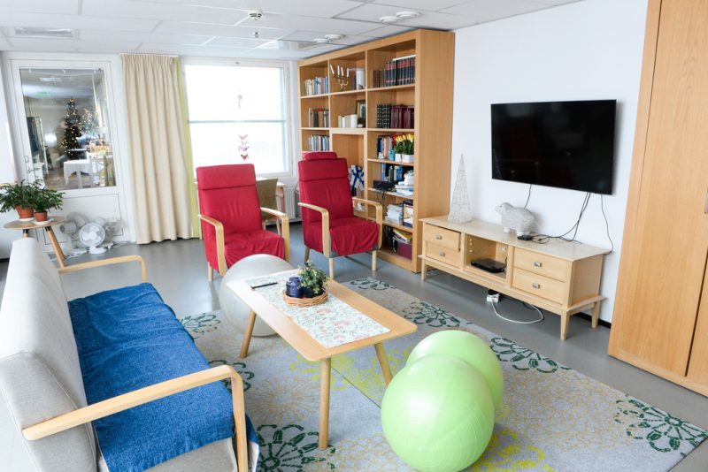 Oleskelutilassa sohva, kaksi nojatuolia, sohvapöytä, televisio ja kirjahylly. Lattialla maton päällä myös vihreä jumppapallo.