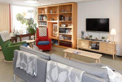 Oleskelutila, jossa harmaa iso sohva, punainen ja vihreä nojatuoli, korkea kirjahylly, tv-taso ja televisio. Ikkunan edustalla viherkasveja. Kuvasta välittyy hyvin kodinomainen tunnelma.