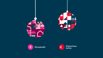 Rinnekotien ja Diakonissalaitoksen visuaalisista elementeistä koostetut joulupallon sinisellä pohjalla.