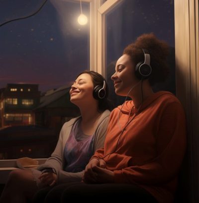 Tekoälyllä luotu kuva, jossa kaksi tyttöä istuu ikkunan edessä vieretysten, kuulokkeista musiikkia kuunnellen.