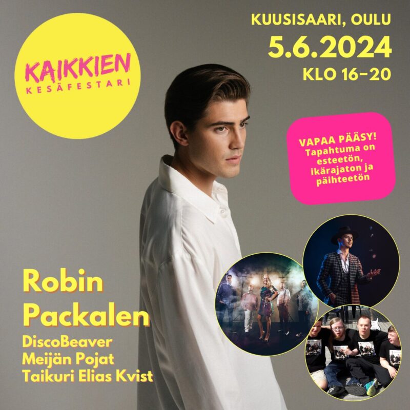 Kaikkien kesäfestareiden tapahtumajuliste, jossa on esiintyjien kuvia ja tekstinä festareiden ajankohta 5.6.2024 klo 16-20.