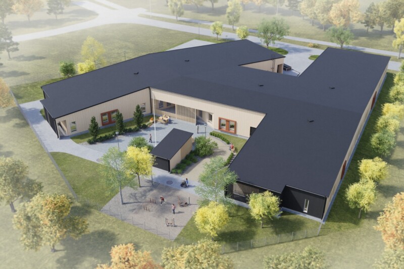 Yksikerroksisen talon havainnekuva ilmasta kuvattuna.