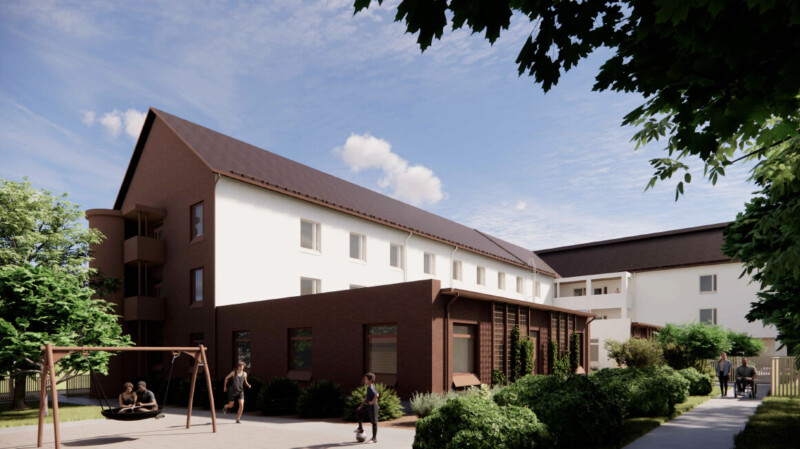 Havainnekuva kolmikerroksisesta rakennuksesta, jonka etualalla on keinu ja viheraluetta.
