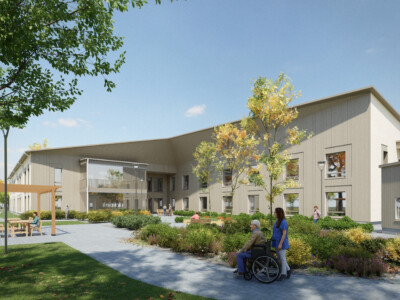 Havainnekuva vaaleasta rakennuksesta.