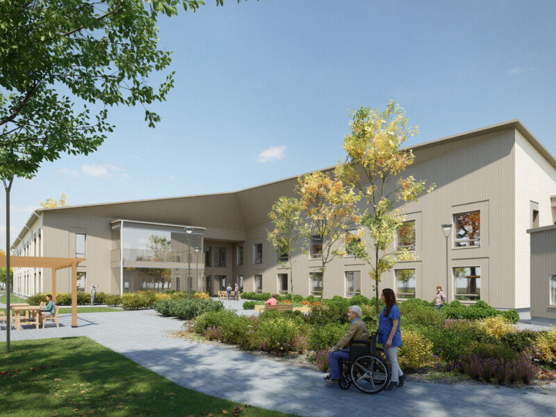 Havainnekuva vaaleasta kaksikerroksisesta rakennuksesta.