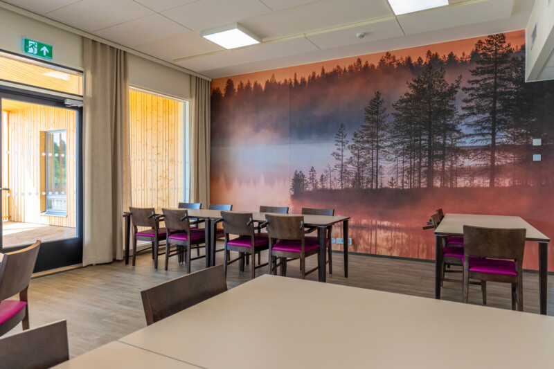 Ruokailuryhmiä tilassa, jossa on vasemmalla seinällä ikkuna ja takaseinällä maisematapetti männyistä auringon laskiessa.