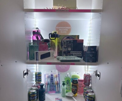 Erilaisia pesuaineita, hammasharjoja j alimsatölkkejä kaapissa.