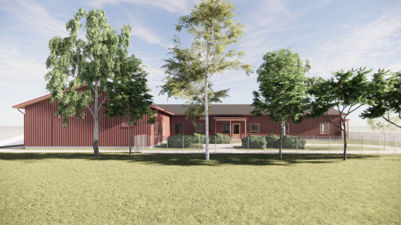 Havainnekuva ruskeasta yksikerroksisesta puurakennuksesta.