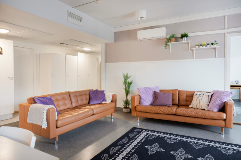 Oleskelutilassa kaksi vaaleanruskeaa nahkasohvaa. Sohvien päällä valkoisen ja lilan sävyisiä koristetyynyjä.