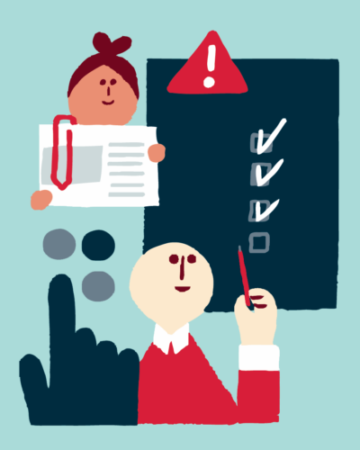 Piiroshahmoja, joista toinen osoittaa tarkastuslistaa kynällä. Toinen pitää käsissään henkilökorttia.