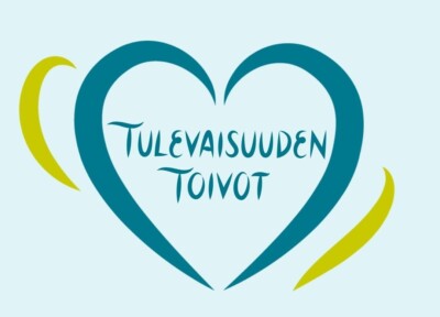 Vihreä sydän vaaleansinisellä pohjalla, ja keskellä teksti Tulevaisuuden toivot.